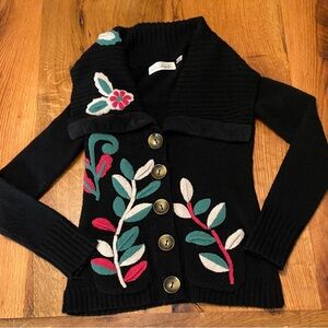 Anthropologie Charlie & Robin Black, Red, Green Embroidered Cardigan Sweater, XS